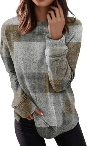 Womens Long Sleeve Crewneck Sweatshirt Trendy Color Block Plaid Tunic Pullover Tops Casaul Lightweight Cotton Clothes