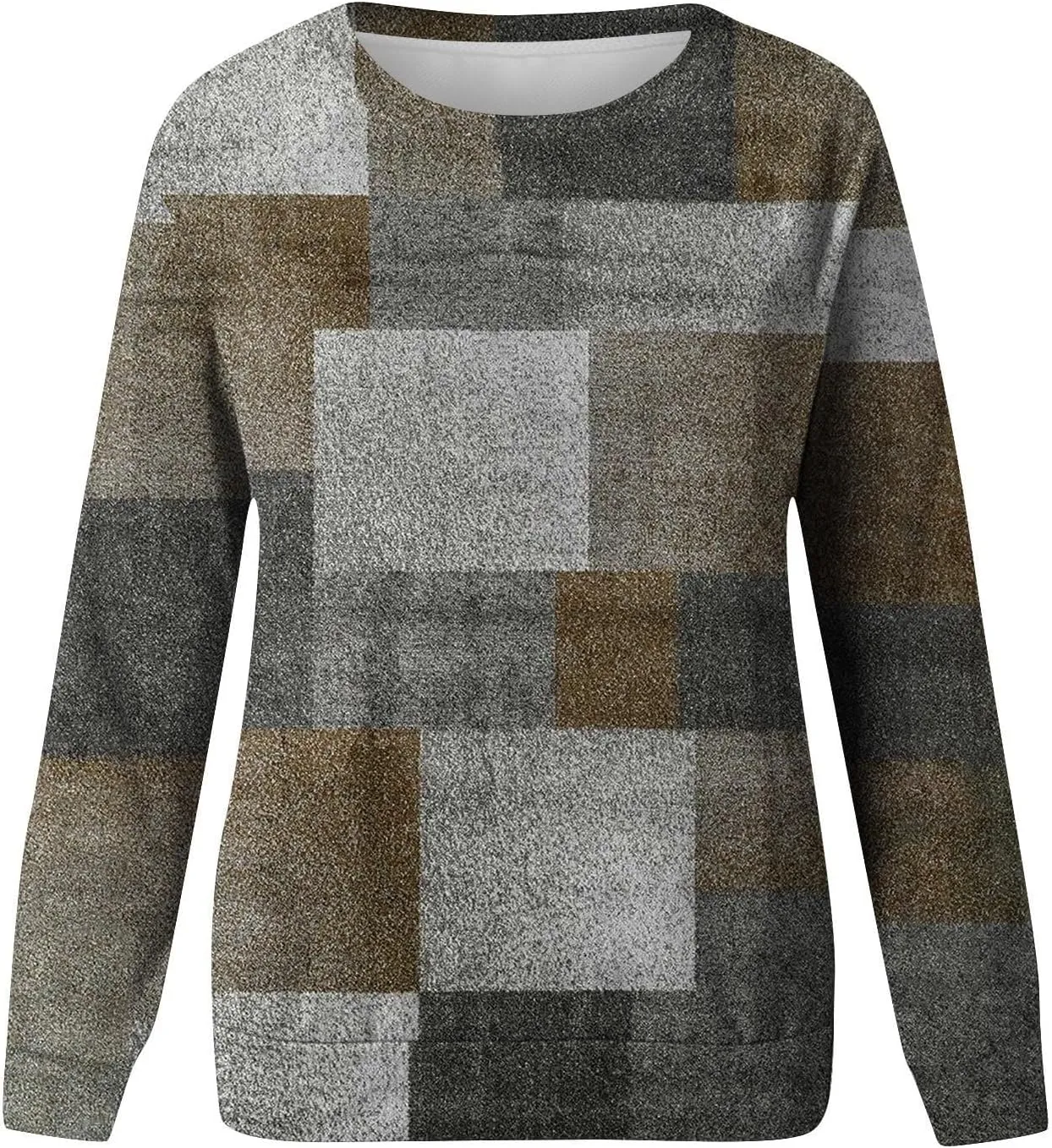 Womens Long Sleeve Crewneck Sweatshirt Trendy Color Block Plaid Tunic Pullover Tops Casaul Lightweight Cotton Clothes