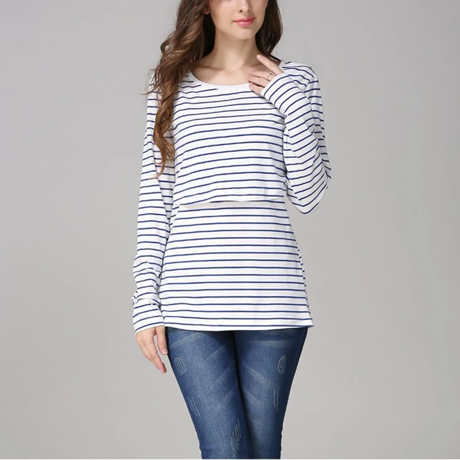 Women's Maternity Nursing Tops Striped Long Sleeve Round Neck Breastfeeding Shirts Double Layer Pregnancy Tee Shirt