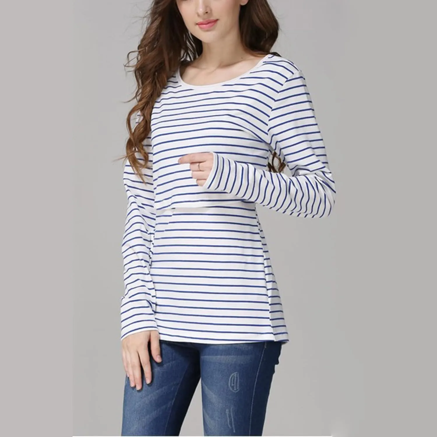 Women's Maternity Nursing Tops Striped Long Sleeve Round Neck Breastfeeding Shirts Double Layer Pregnancy Tee Shirt