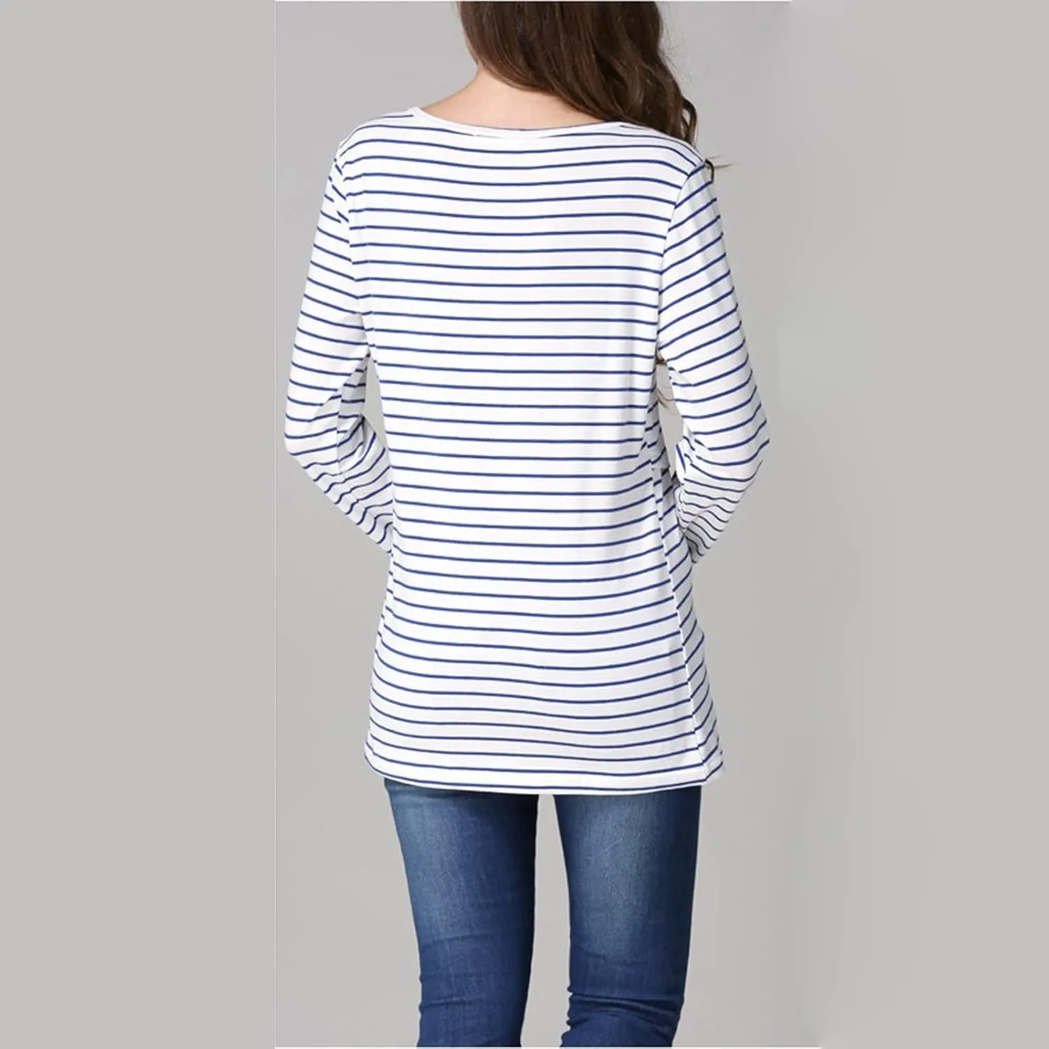 Women's Maternity Nursing Tops Striped Long Sleeve Round Neck Breastfeeding Shirts Double Layer Pregnancy Tee Shirt