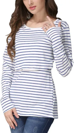 Women's Maternity Nursing Tops Striped Long Sleeve Round Neck Breastfeeding Shirts Double Layer Pregnancy Tee Shirt