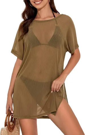 Women's Mesh Sheer Swimsuit Cover up Side Slit Tie Short Sleeve Beach Skirt Multi-Way Wear Bikini Swim Coverup