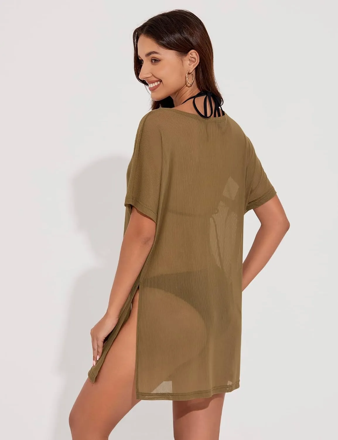 Women's Mesh Sheer Swimsuit Cover up Side Slit Tie Short Sleeve Beach Skirt Multi-Way Wear Bikini Swim Coverup