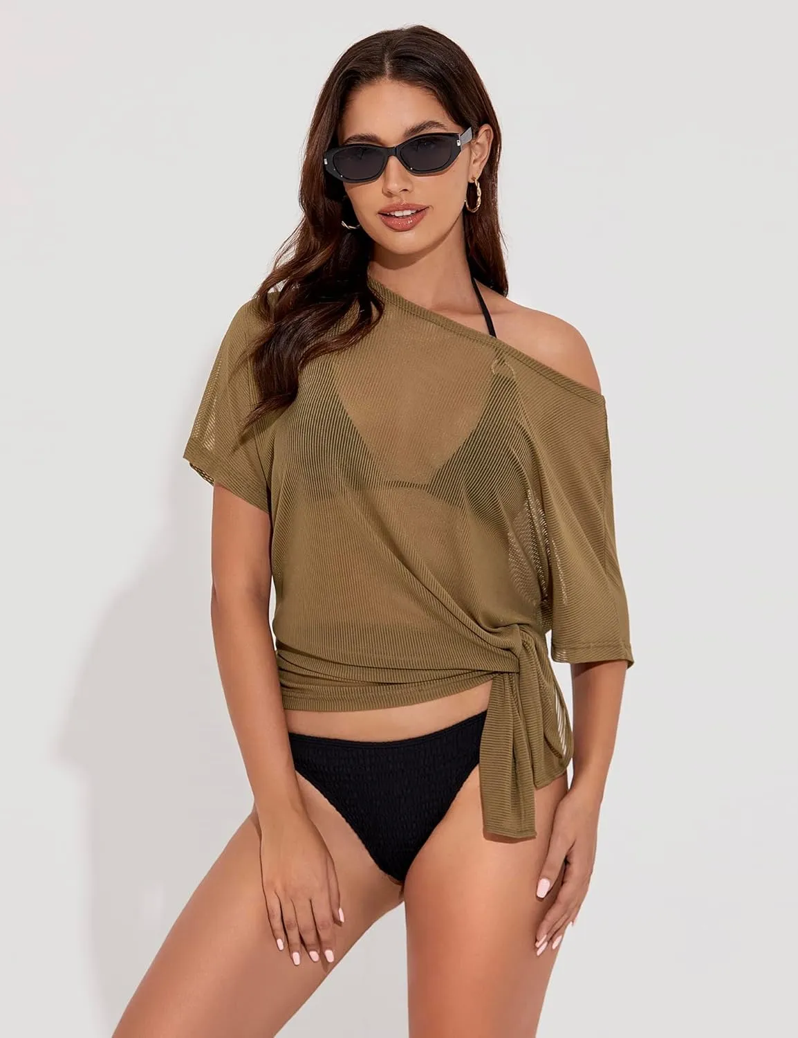 Women's Mesh Sheer Swimsuit Cover up Side Slit Tie Short Sleeve Beach Skirt Multi-Way Wear Bikini Swim Coverup