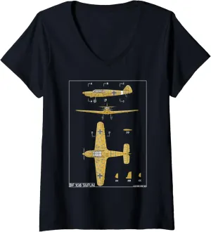 Womens Messerschmitt Bf 108 Taifun WW2 German Plane Diagram V-Neck T-Shirt