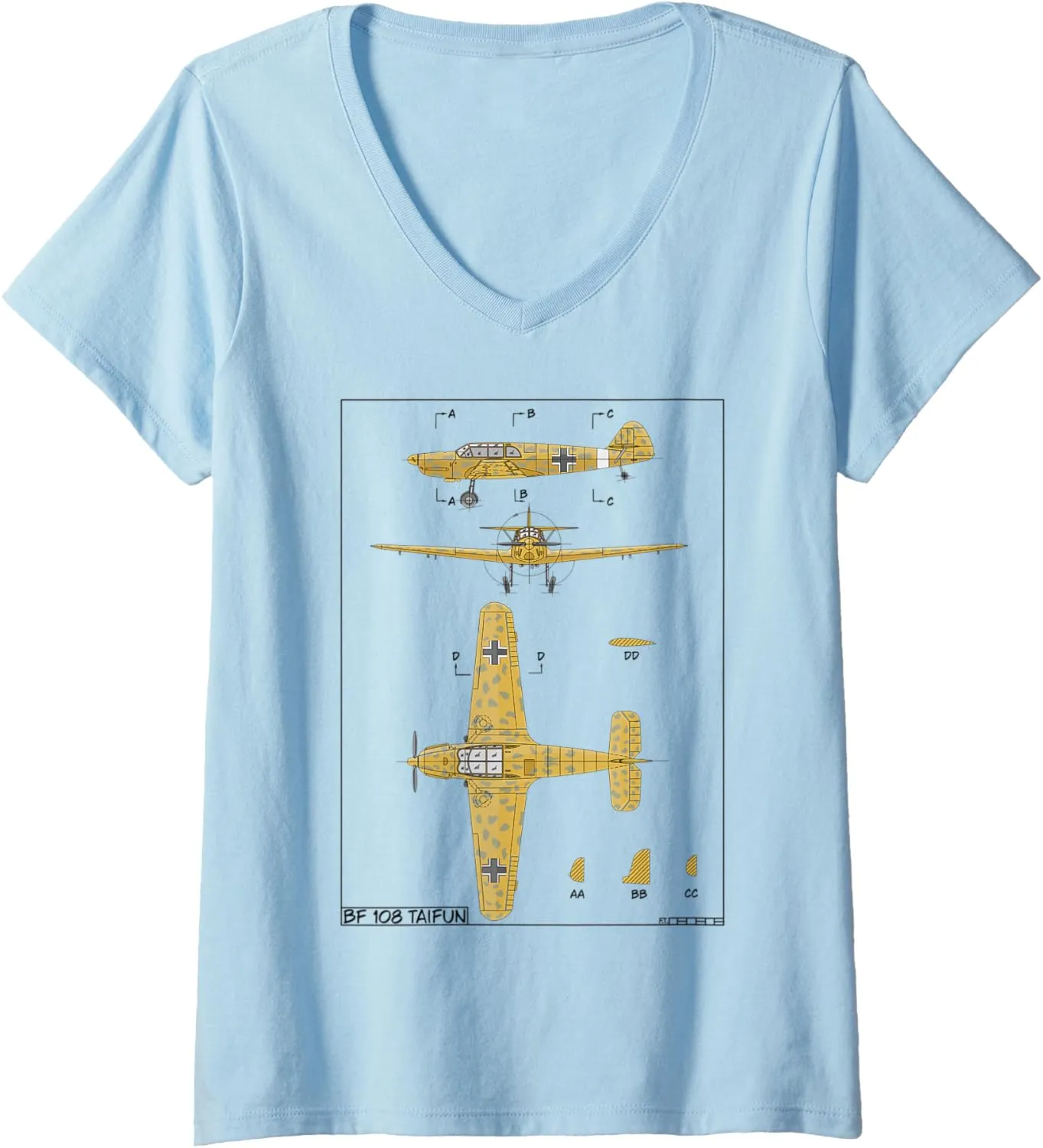 Womens Messerschmitt Bf 108 Taifun WW2 German Plane Diagram V-Neck T-Shirt