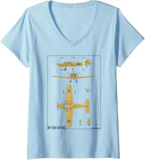 Womens Messerschmitt Bf 108 Taifun WW2 German Plane Diagram V-Neck T-Shirt