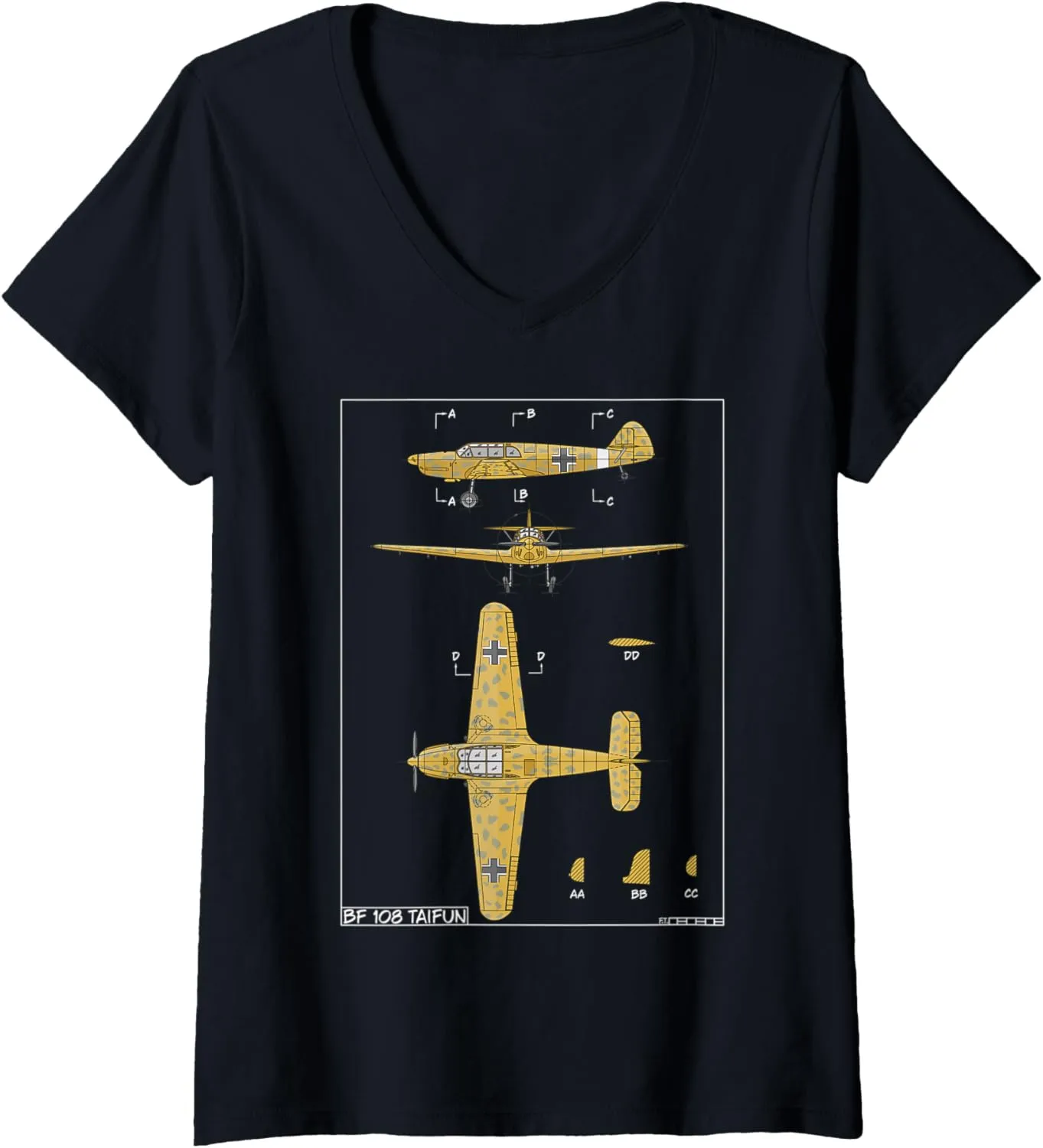Womens Messerschmitt Bf 108 Taifun WW2 German Plane Diagram V-Neck T-Shirt