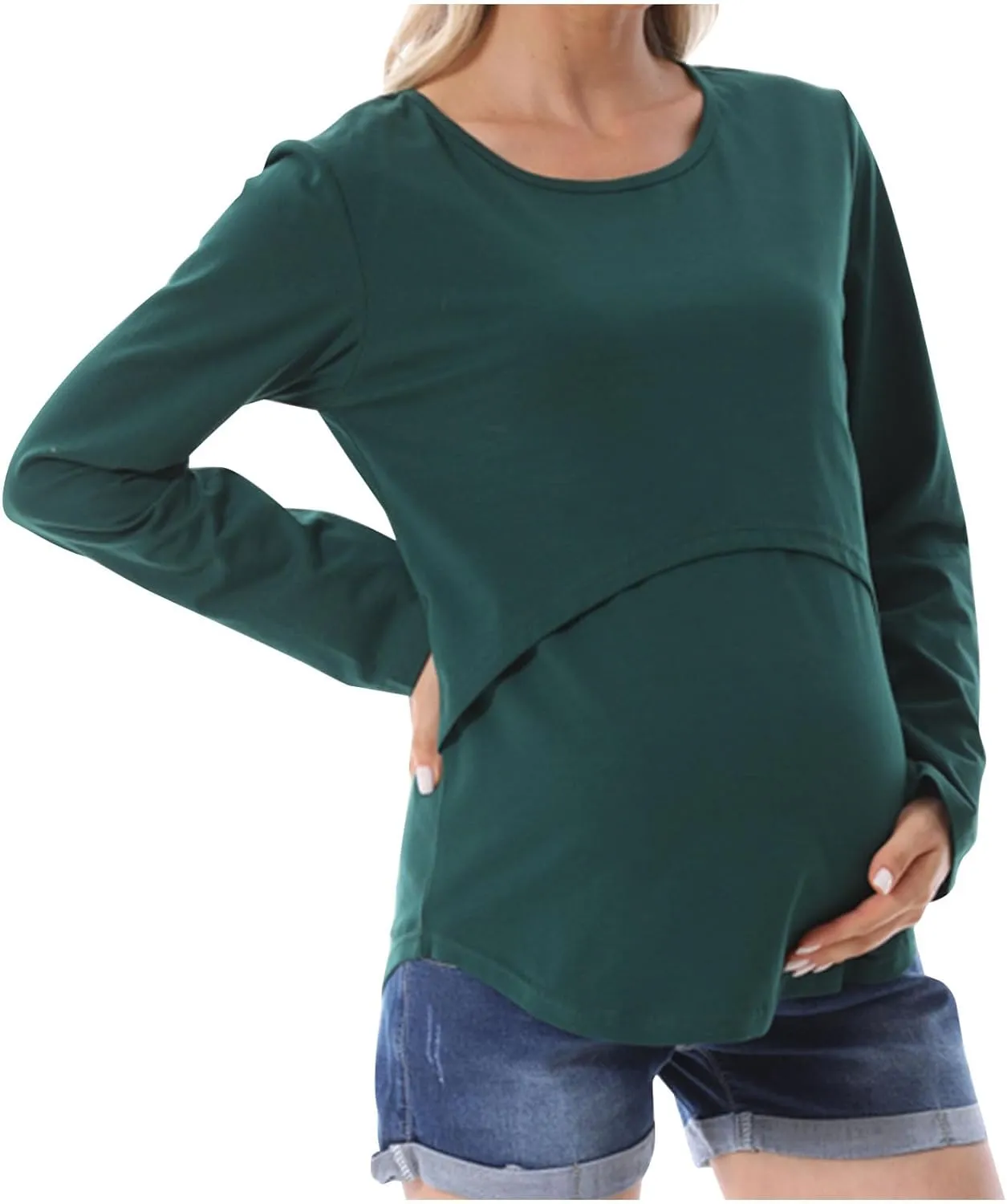 Women's Plus Size Breastfeeding Tops Double Layer Nursing Tees Long Sleeve Crew Neck Maternity Tunics Pullover