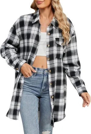 Womens Plus Size Button Down Flannel Plaid Long Sleeve Shirts Oversized Loose Casual Long Jacket Shacket Coats