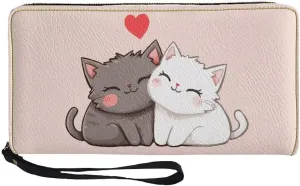 Women's PU Leather Wallet Credit Card Holder Cat Print Zipper Purse Cell Phone Wristlet Handbag