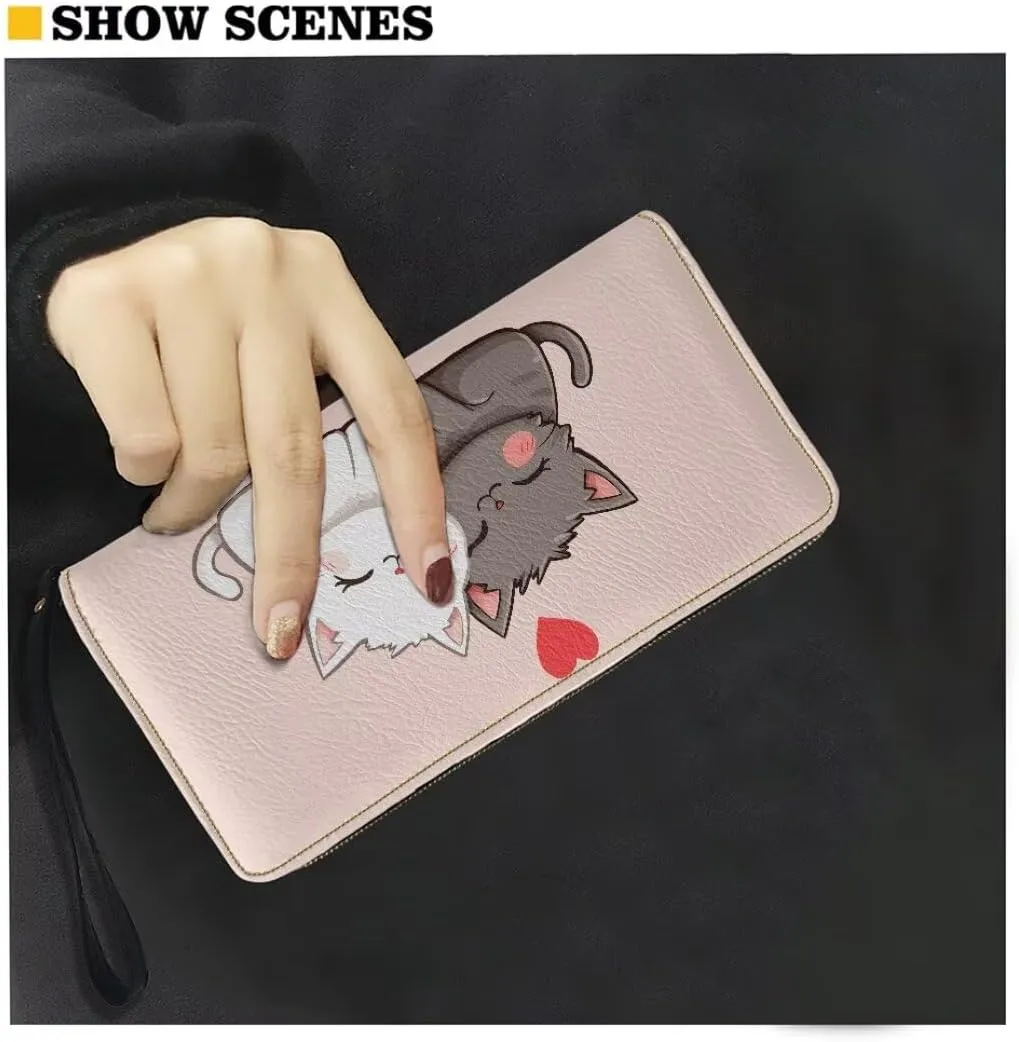 Women's PU Leather Wallet Credit Card Holder Cat Print Zipper Purse Cell Phone Wristlet Handbag
