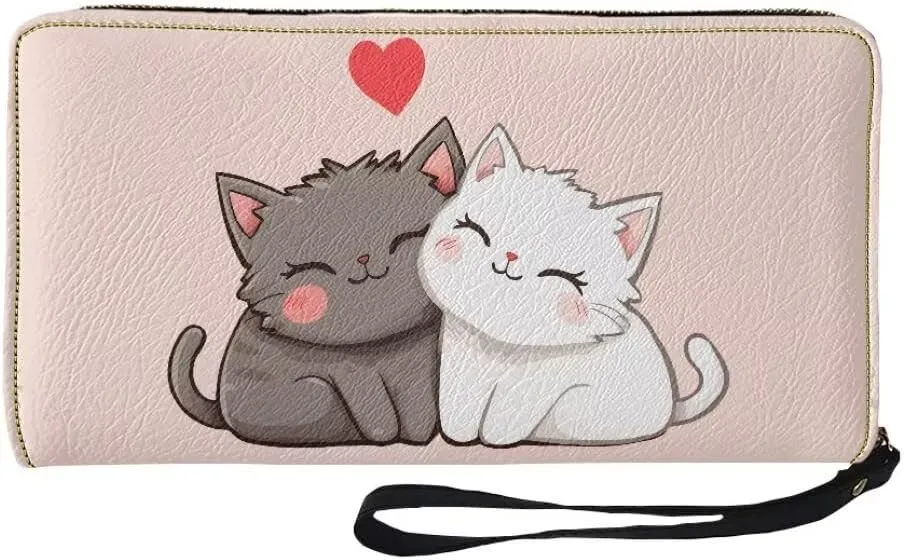 Women's PU Leather Wallet Credit Card Holder Cat Print Zipper Purse Cell Phone Wristlet Handbag