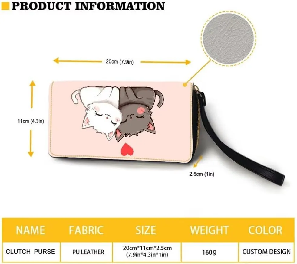 Women's PU Leather Wallet Credit Card Holder Cat Print Zipper Purse Cell Phone Wristlet Handbag
