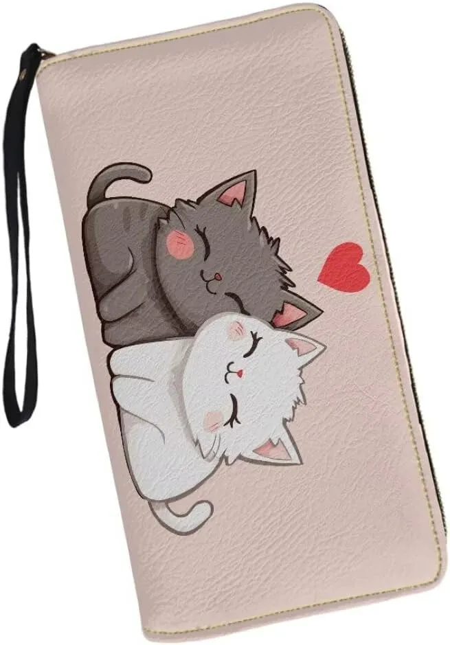 Women's PU Leather Wallet Credit Card Holder Cat Print Zipper Purse Cell Phone Wristlet Handbag