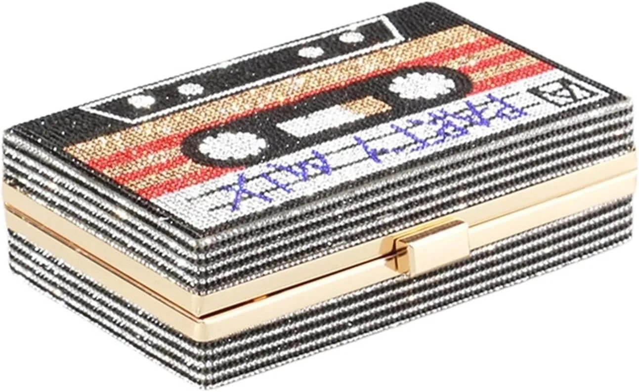 Women's Rhinestone Wedding Clutch Bag Cassette Tape Evening Bag Party Money Purses