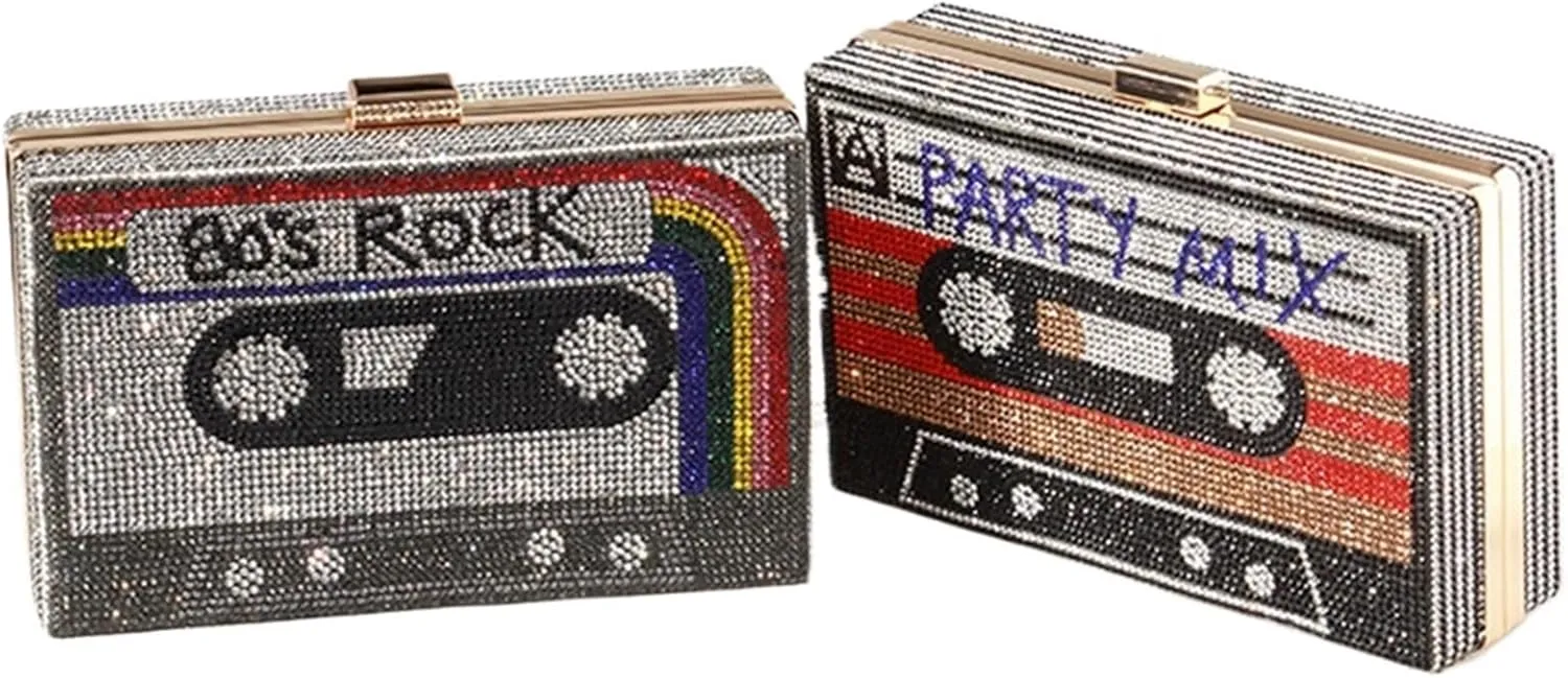 Women's Rhinestone Wedding Clutch Bag Cassette Tape Evening Bag Party Money Purses