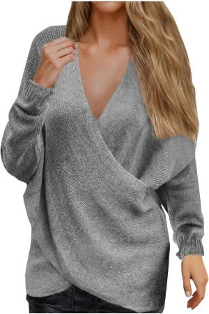 Women's Sexy Sweater V Neck Solid Color Cross Knit Drop Shoulder Shirts Lazy Fashion Lightweight 2024 Winter Outfits