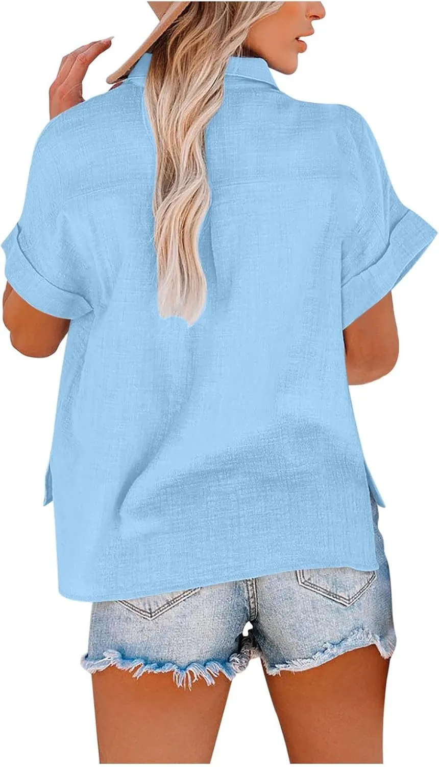 Womens Short Sleeve Button Down Linen Shirt Summer Trendy Solid Stand Collar Blouses Going Out Sports Casual T-Shirts