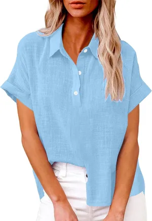 Womens Short Sleeve Button Down Linen Shirt Summer Trendy Solid Stand Collar Blouses Going Out Sports Casual T-Shirts