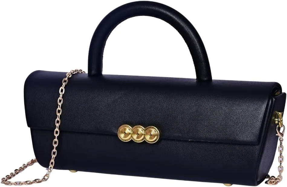 Women’s Slim Barrel Clutch Bag – Black Faux Leather Top Handle Purse with Gold Chain Strap & Decorative Button Detail – Elegant Evening or Cocktail Shoulder Handbag