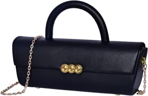 Women’s Slim Barrel Clutch Bag – Black Faux Leather Top Handle Purse with Gold Chain Strap & Decorative Button Detail – Elegant Evening or Cocktail Shoulder Handbag