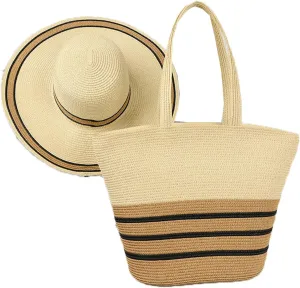 Womens Straw Beach Bag Straw Sun Hat Wide Brim Beach Hat Summer Shoulder Bag Set