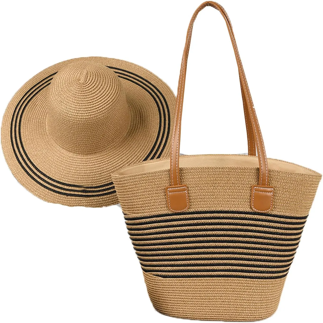 Womens Straw Beach Bag Straw Sun Hat Wide Brim Beach Hat Summer Shoulder Bag Set
