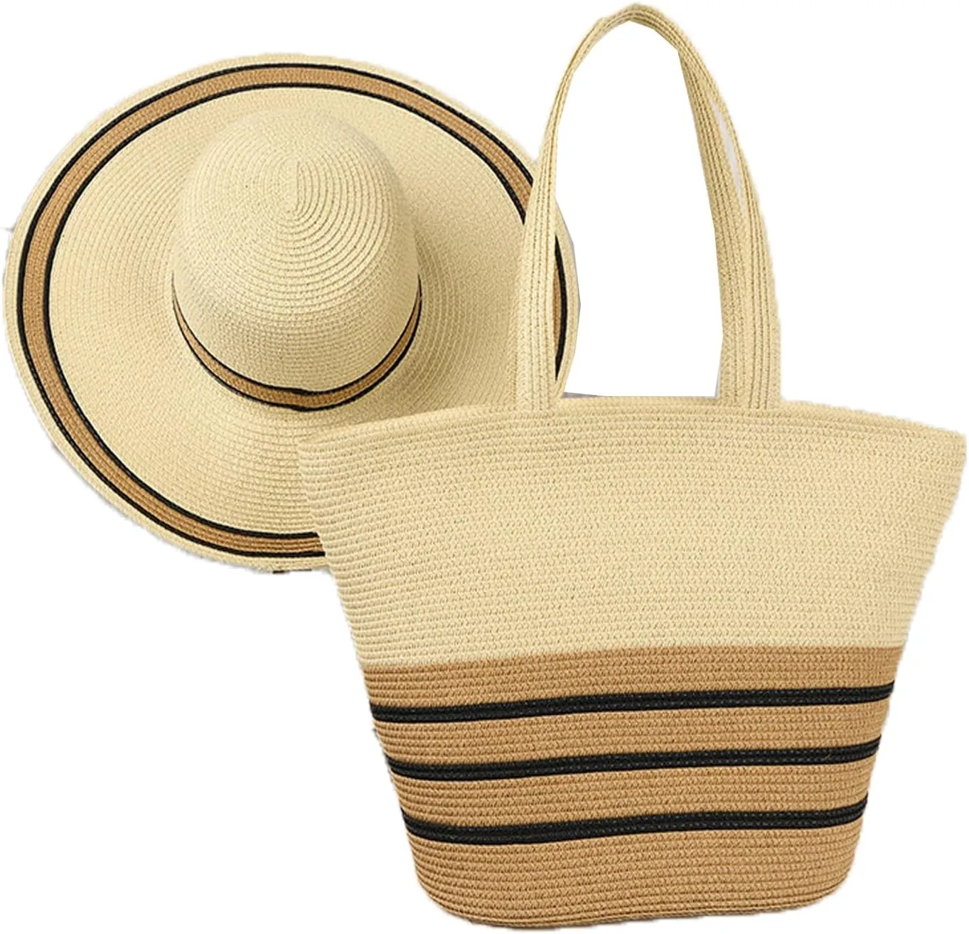 Womens Straw Beach Bag Straw Sun Hat Wide Brim Beach Hat Summer Shoulder Bag Set