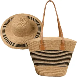 Womens Straw Beach Bag Straw Sun Hat Wide Brim Beach Hat Summer Shoulder Bag Set