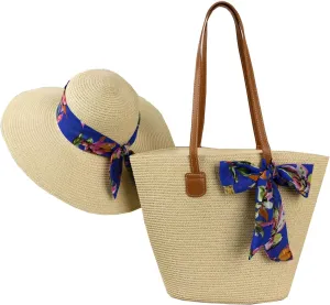Womens Straw Beach Bag Straw Sun Hat Wide Brim Beach Hat Summer Shoulder Bag Set