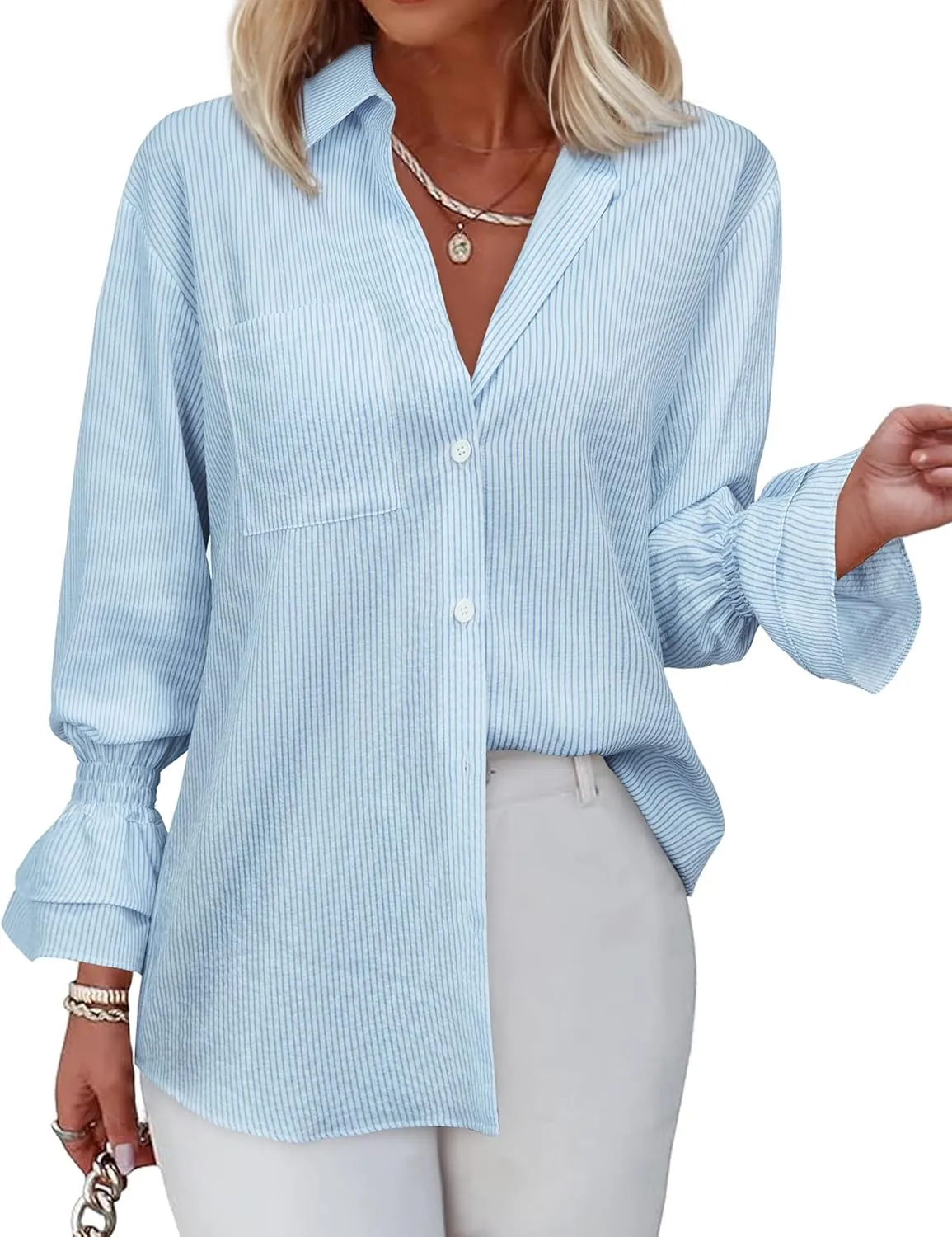 Women's Striped Button Down Shirt Smocked Cuffed Boyfriend Blouse Ruffle Sleeve Casual Tunic Tops with Pockets