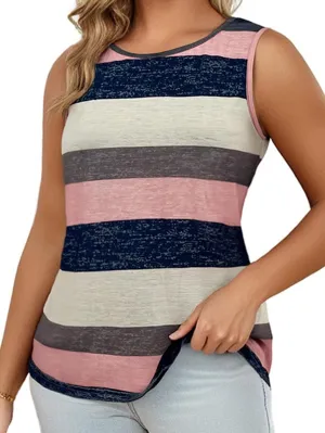 Women's Striped Cross Wrap Tank Top Cut Out Sleeveless Crew Neck Asymmetrical Tops