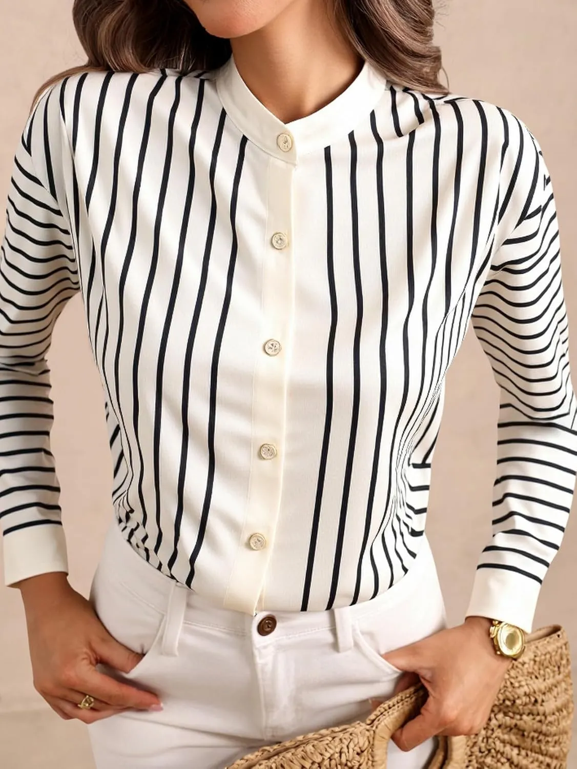 Women's Striped Mock Neck Shirt Button Down Long Sleeve Business Casual Blouses