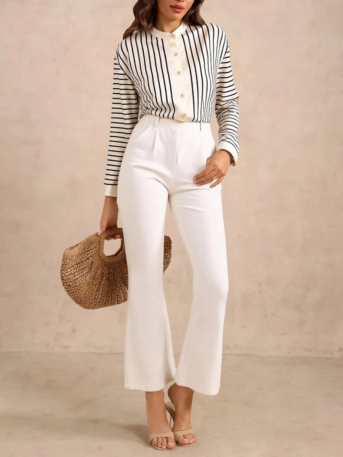 Women's Striped Mock Neck Shirt Button Down Long Sleeve Business Casual Blouses