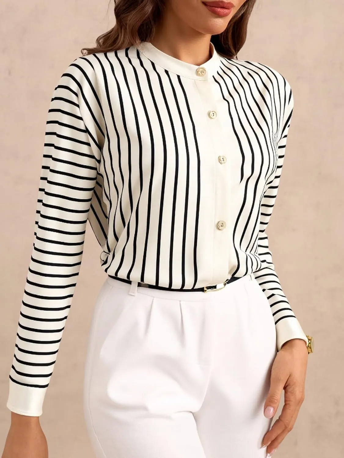 Women's Striped Mock Neck Shirt Button Down Long Sleeve Business Casual Blouses