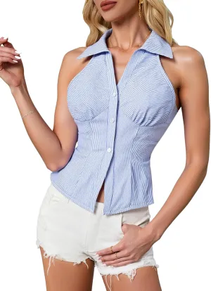 Women's Striped Ruched Button Down Shirt Collar V Neck Sleeveless Split Hem Going Out Blouse