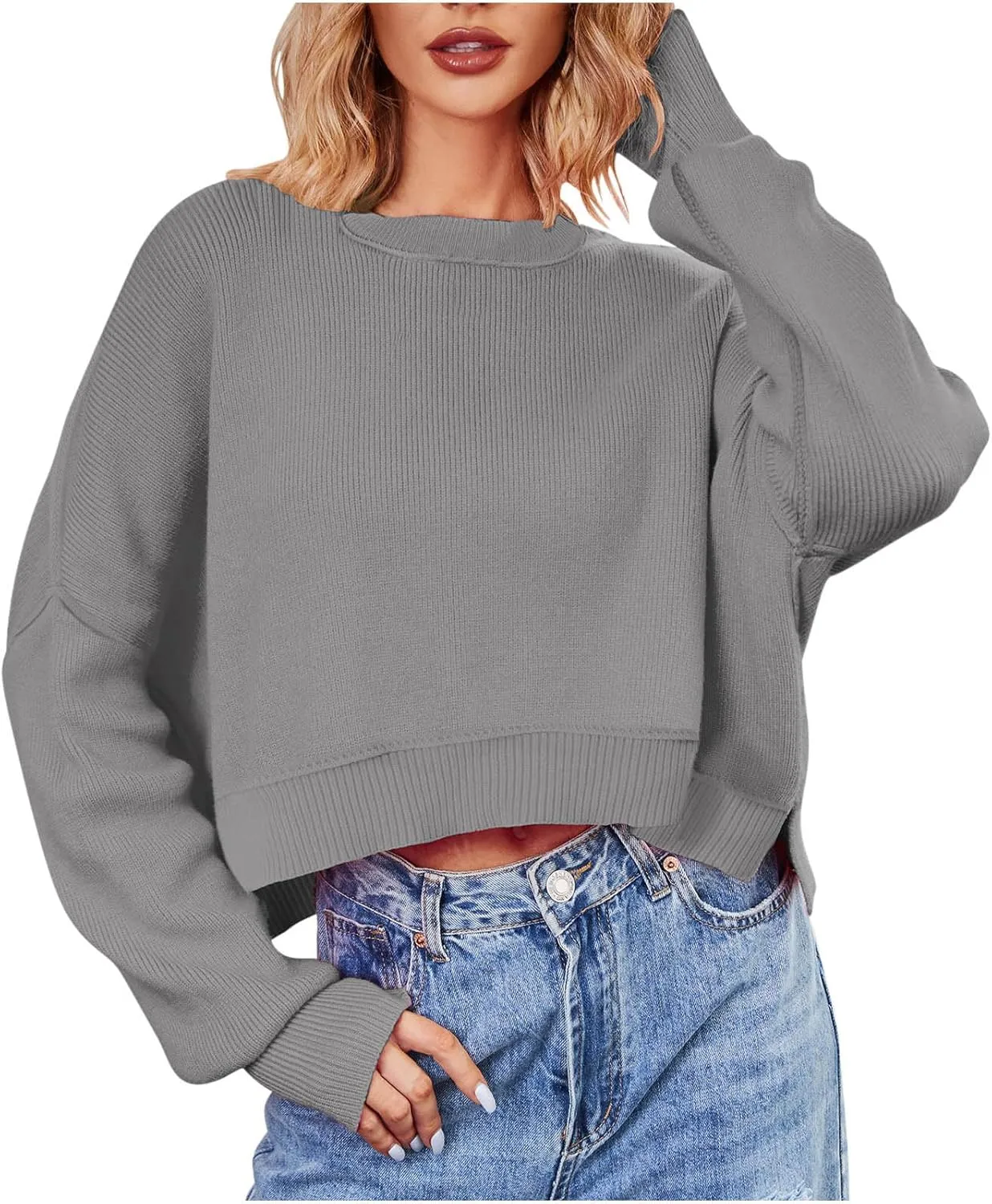 Women's Striped Sweater Winter 2024 Round Neck Long Sleeve Casual Loose Shirt High Waist Wide Hem Solid Knit Sweater