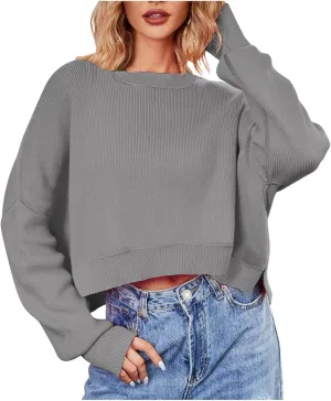 Women's Striped Sweater Winter 2024 Round Neck Long Sleeve Casual Loose Shirt High Waist Wide Hem Solid Knit Sweater