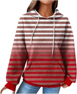 Women's Striped Waffle Oversized Hoodies Sweatshirts,Winter Casual Crew Neck Long Sleeve Pullover,Teen Girls Tops