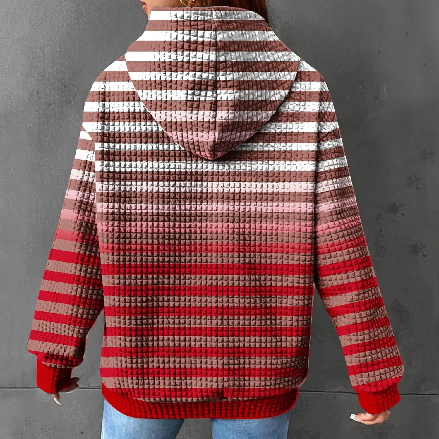 Women's Striped Waffle Oversized Hoodies Sweatshirts,Winter Casual Crew Neck Long Sleeve Pullover,Teen Girls Tops