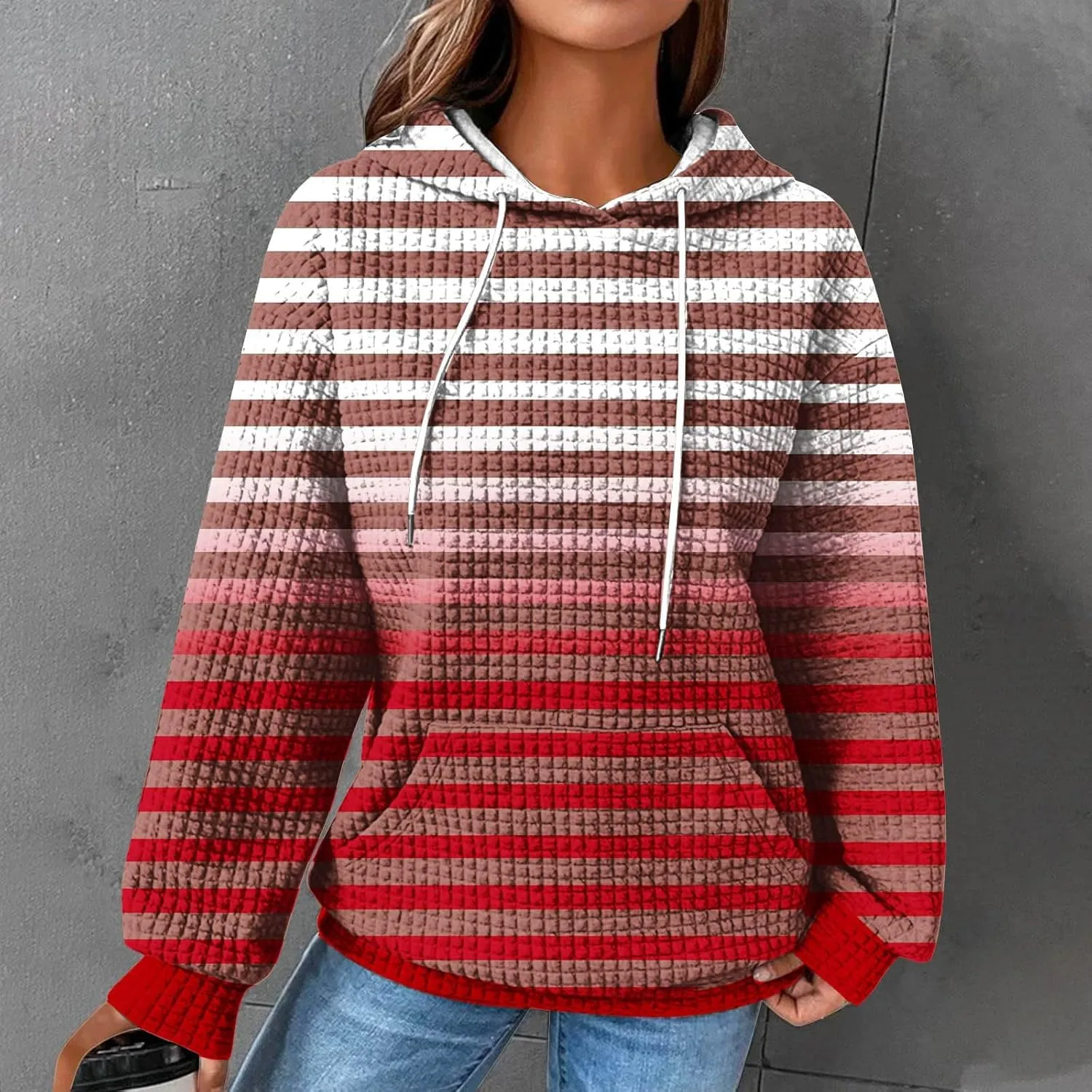 Women's Striped Waffle Oversized Hoodies Sweatshirts,Winter Casual Crew Neck Long Sleeve Pullover,Teen Girls Tops