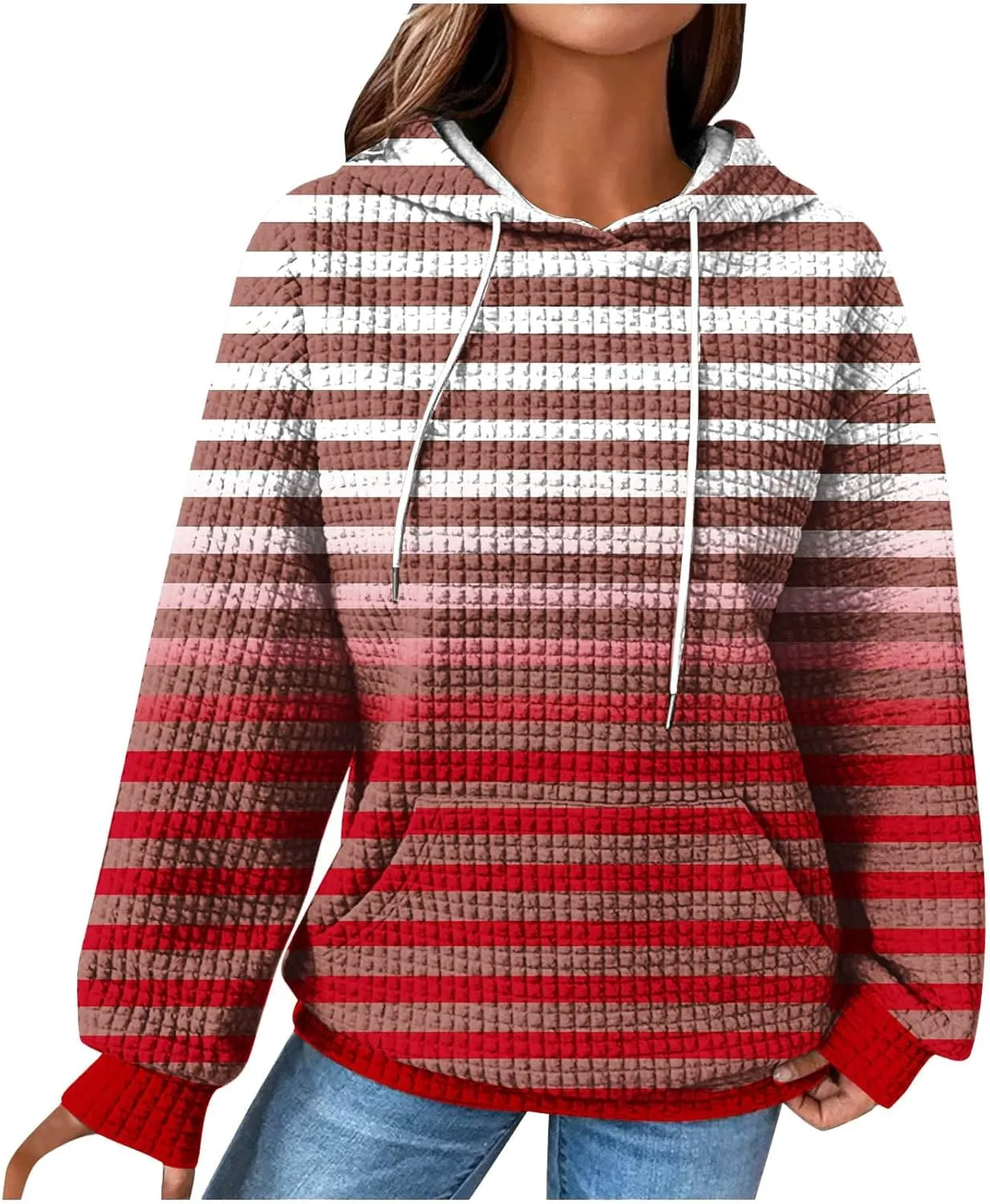 Women's Striped Waffle Oversized Hoodies Sweatshirts,Winter Casual Crew Neck Long Sleeve Pullover,Teen Girls Tops