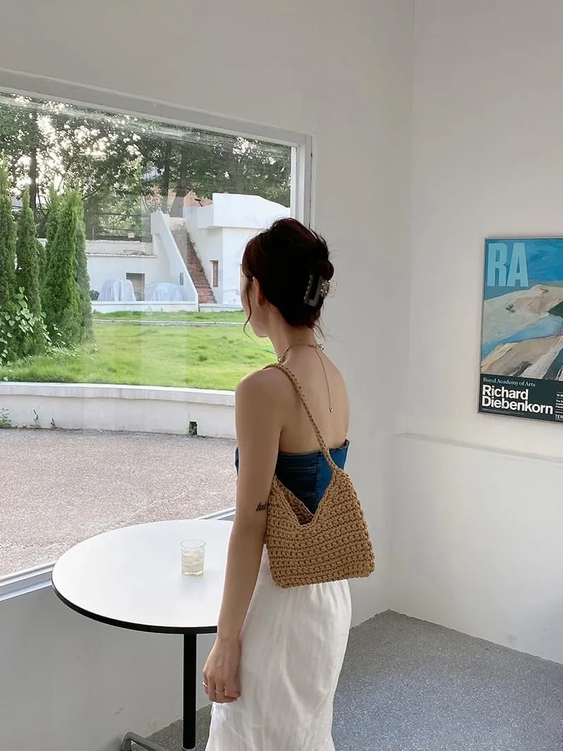 Women's Summer Beach HandBag Cotton Rope Vacation Hand- Woven Shoulder Bag Purse Dumpling Bag