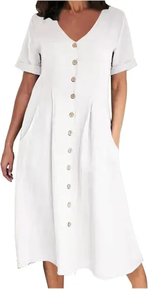 Women's Summer Casual V-Neck Button Down Shirt Dress Solid Short Sleeve Cotton Linen Dress Plus Size Maxi Dress