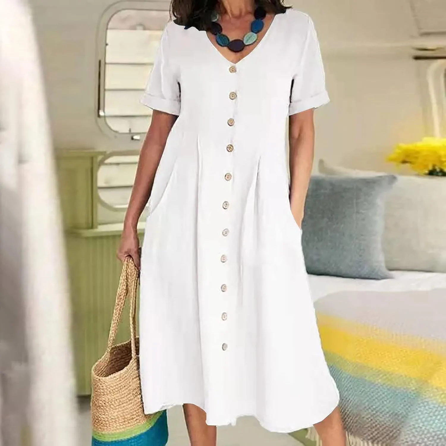 Women's Summer Casual V-Neck Button Down Shirt Dress Solid Short Sleeve Cotton Linen Dress Plus Size Maxi Dress