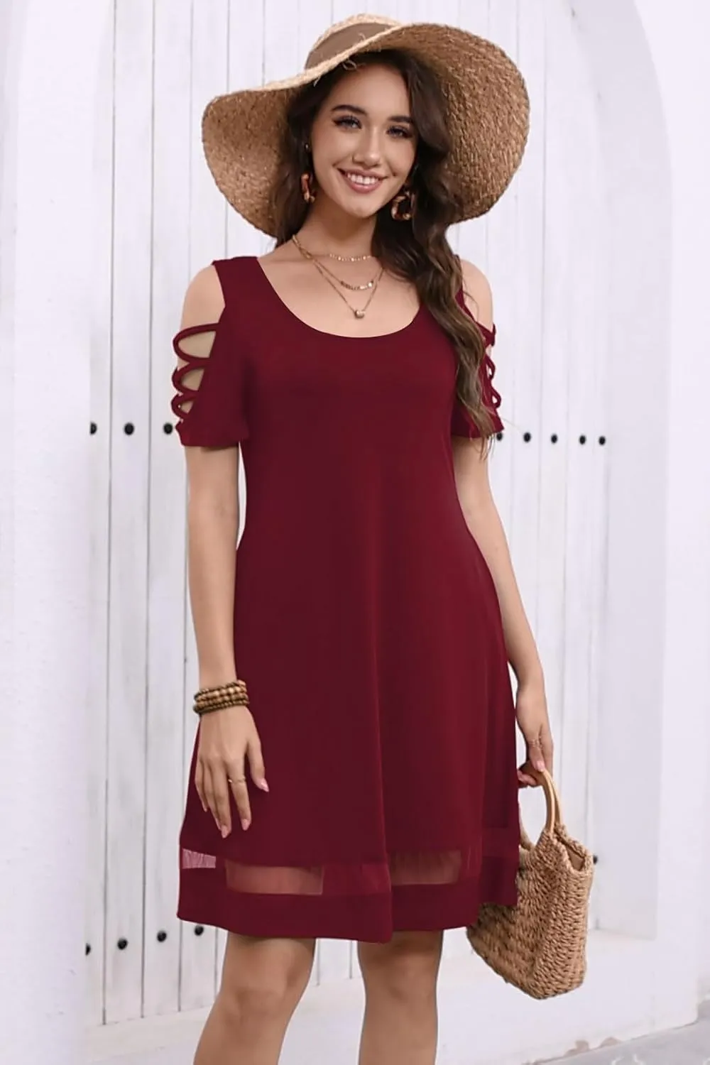Womens Summer Dresses Hollow Sleeve Cold Shoulder Dress Stylish Basic Casual Regular Fit