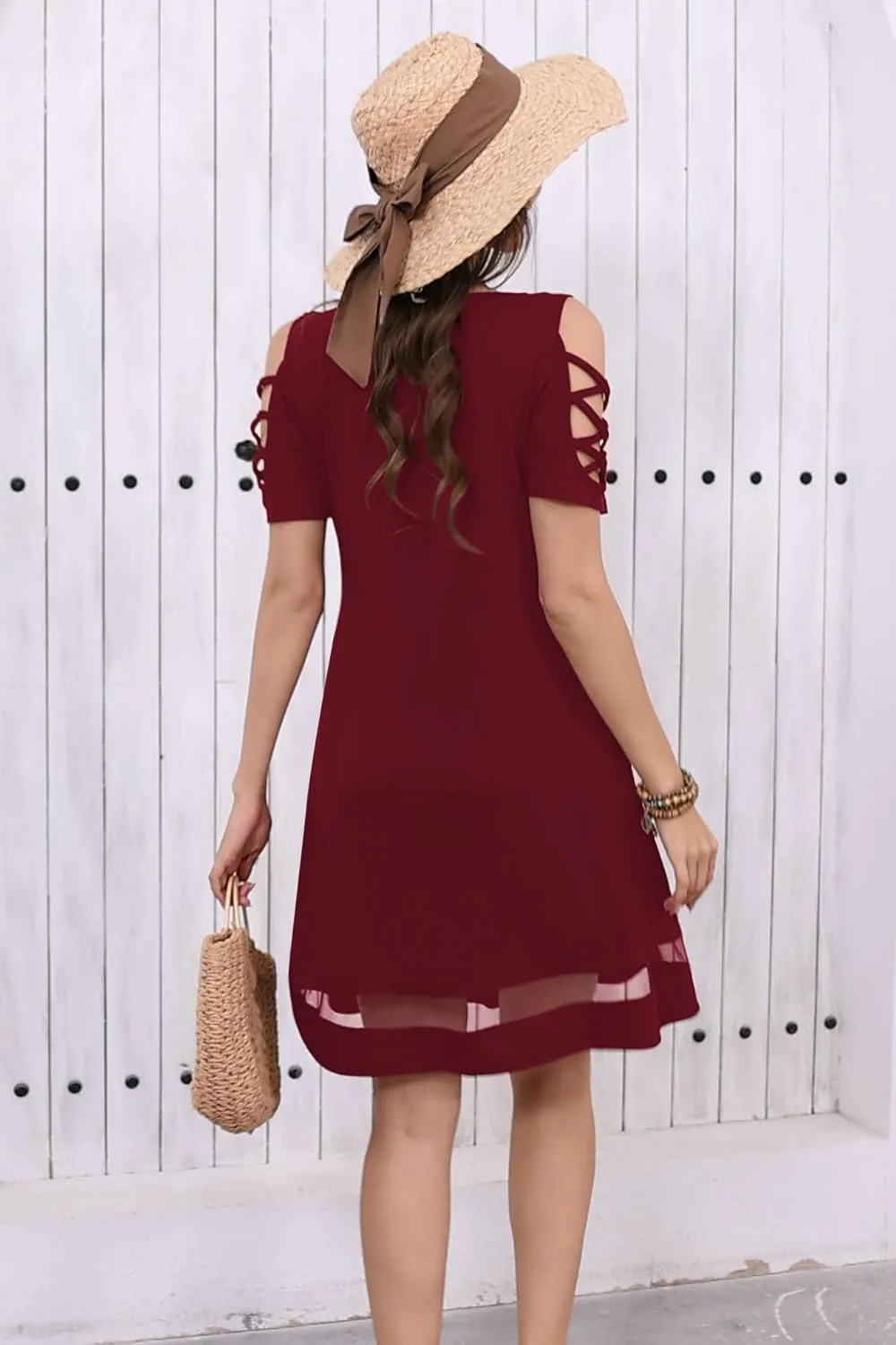 Womens Summer Dresses Hollow Sleeve Cold Shoulder Dress Stylish Basic Casual Regular Fit