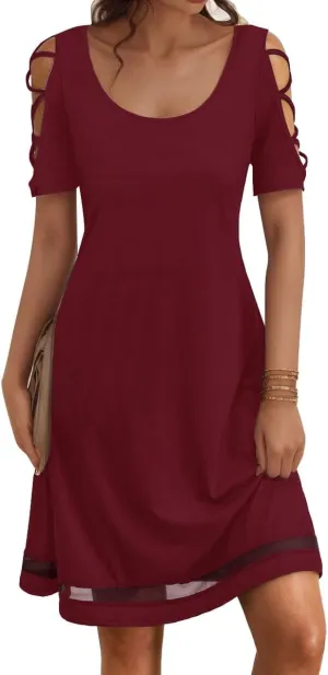 Womens Summer Dresses Hollow Sleeve Cold Shoulder Dress Stylish Basic Casual Regular Fit